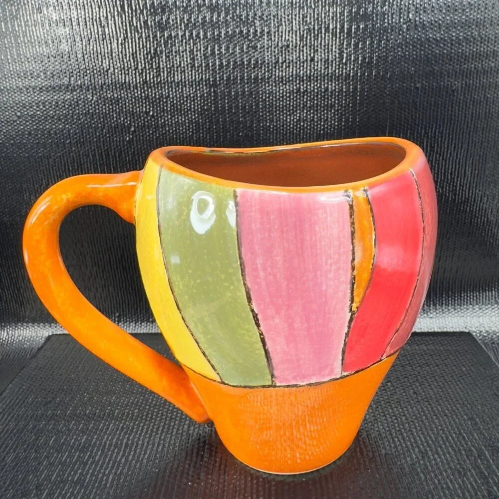 Pier 1 Wavy Stripe Pattern Coffee Mug Cup Set 2 Mugs Cups Oval Multicolored Mugs